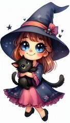 Enchanting witch girl with black cat magical forest digital art whimsical close-up fantasy illustration