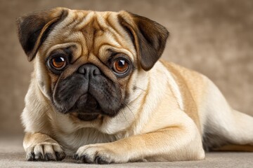 Fototapeta premium Pug resting with expressive eyes on a neutral background in a cozy indoor setting at sunset