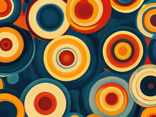 Fototapeta premium Abstract geometric pattern with concentric circles in warm tones of orange yellow and red on dark background for modern design and artistic decoration
