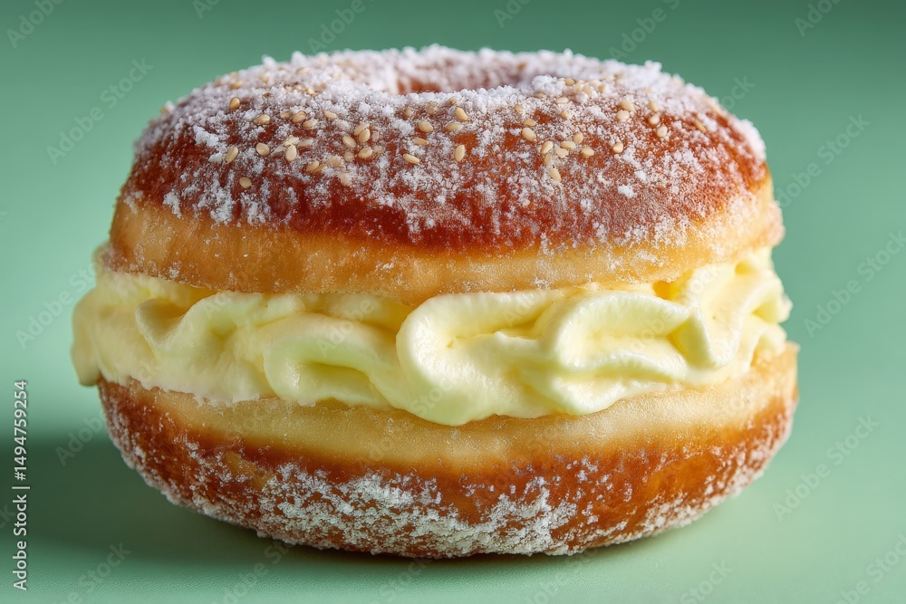 Poster delicious cream-filled doughnut with powdered sugar on a green background at a bakery display