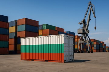 Cargo container with Bulgarian flag placed in shipping yard, ideal for trade visuals, Eastern European logistics, or export-import themes. Bulgaria flag on shipping container in port yard

