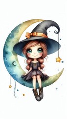 Whimsical witch illustration moonlit setting digital art fantasy enchanting concept