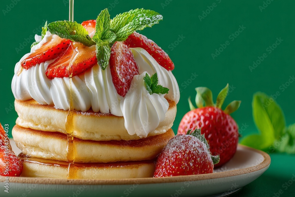 Poster delicious stack of fluffy pancakes topped with cream and fresh strawberries at a breakfast table