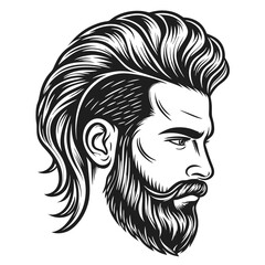 Bearded Man Portrait: Black and White Stylish Hairstyle Illustration                                                                                  