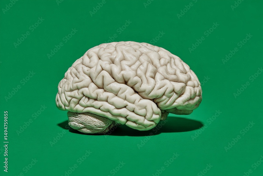 Poster realistic brain model displayed on a green background for educational purposes in a science classroo