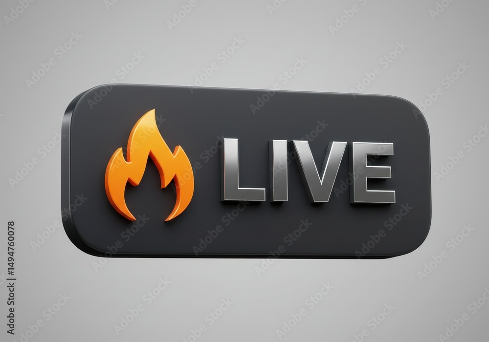 Poster 3d illustration of 3d render of a live button with flame icon on gray background