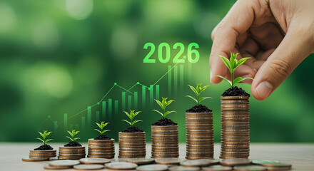 Hand planting a seedling on a stack of coins with a growth chart, representing the year 2026 and financial growth