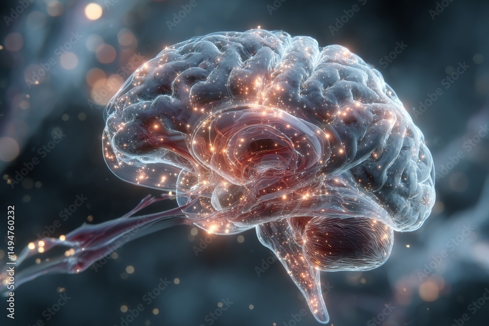 Aufkleber Digital rendering of a luminous brain showcasing neural connections and energetic activity in a dark background