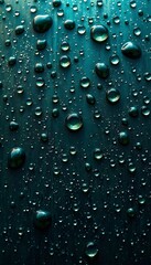 Close  up of various water droplets on a dark, textured turquoise surface. 