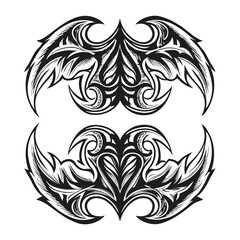 Two Decorative Tribal Designs in Black and White with Sharp Points and Swirls, Isolated on a Clean White Background.                                  