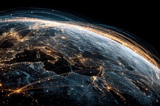 Digital representation of global connectivity highlighting major cities and network paths at night