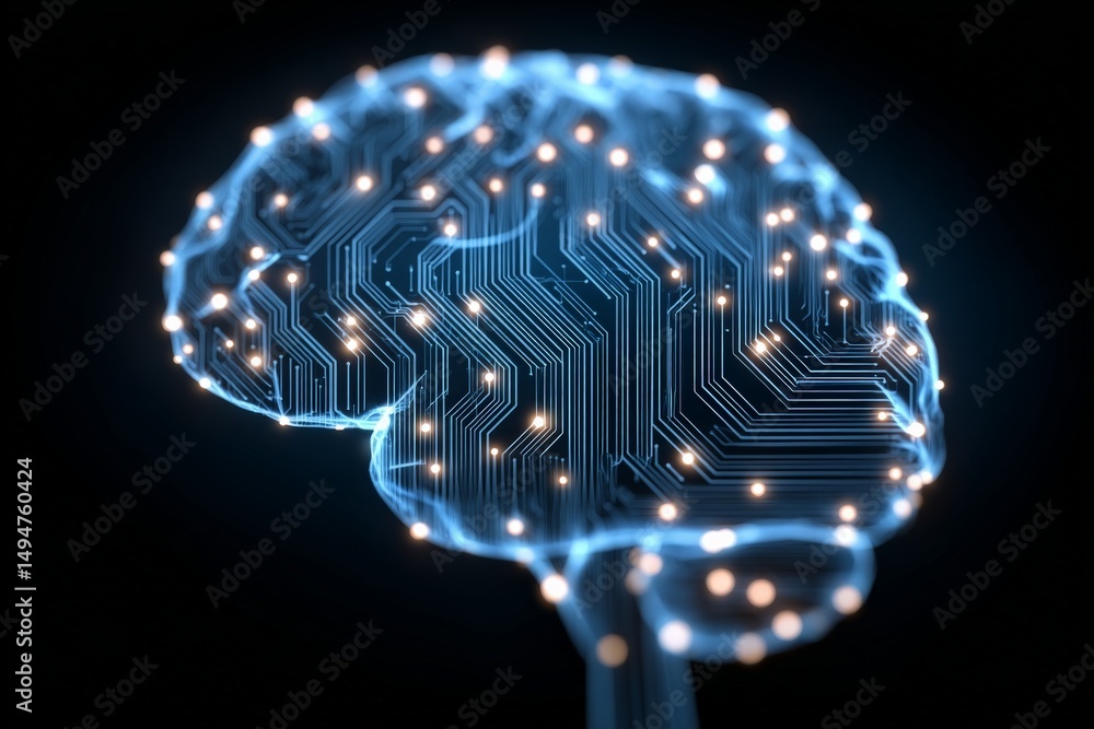 Fototapete Digital representation of a human brain with glowing circuits and lights, illustrating neural connections and technology integration