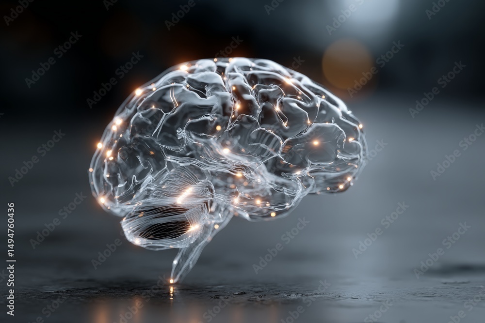 Poster Exploring the intricacies of a transparent brain with glowing connections in a modern setting
