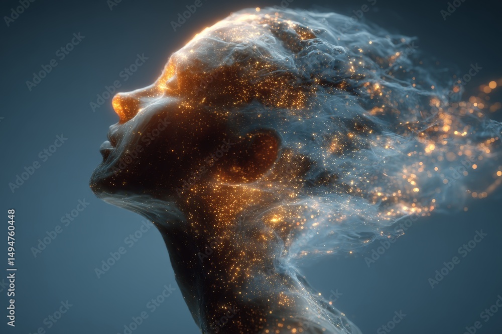 Poster Ethereal human form with shimmering particles floating in a darkened space at twilight