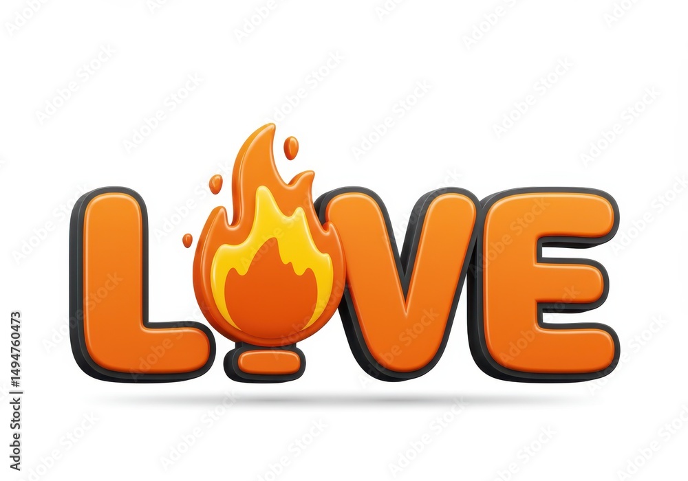 Poster 3d illustration of love text with flame isolated on white background in 3d rendering style
