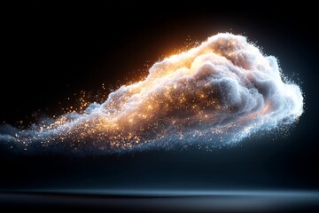 Colorful cloud with glowing particles floating in dark space, illustrating a surreal cosmic effect