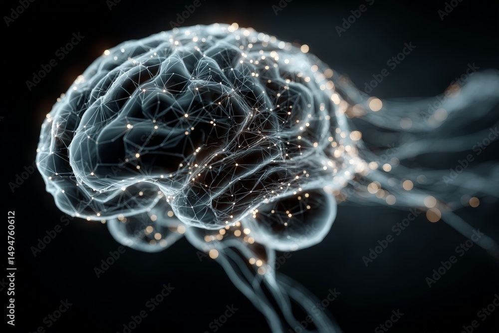 Aufkleber Artistic representation of a brain with glowing neural connections in a dark environment
