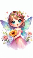 Enchanting fairy girl holding a sunflower fantasy art whimsical garden bright colors magical atmosphere