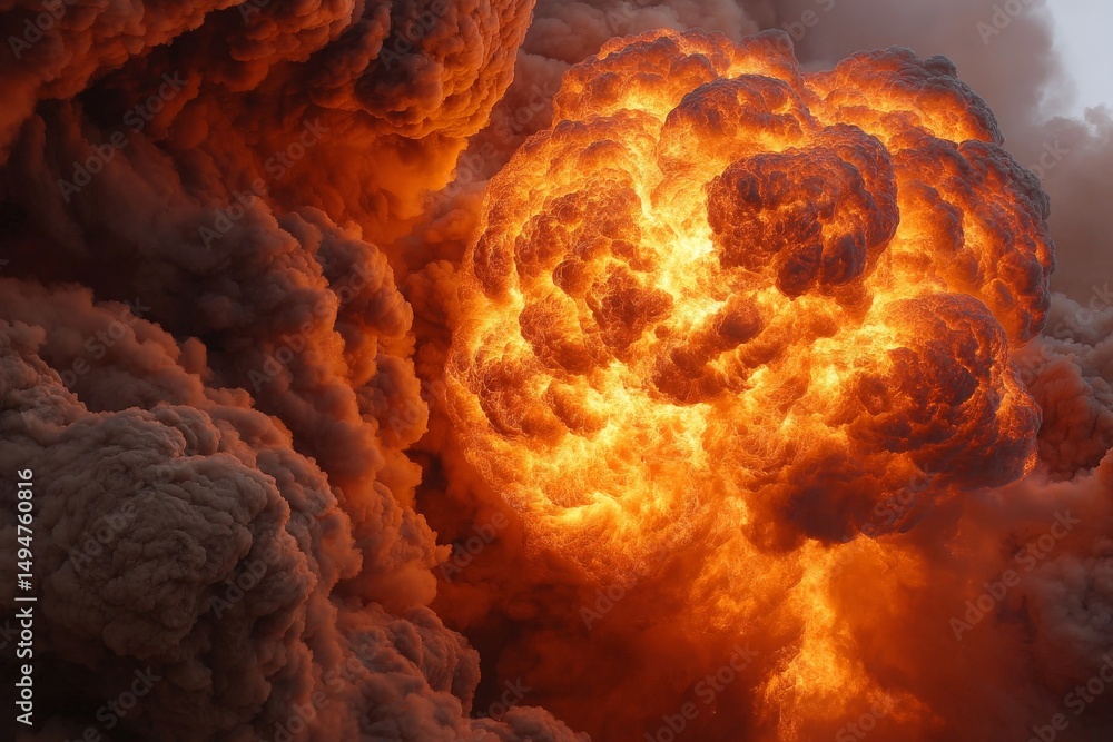 Poster intense explosion erupts in a cloud of smoke and flames during a late afternoon event in an industri