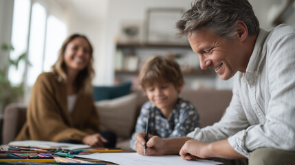 Fototapeta premium son drawing with crayons on a coffee table while father and mother sit nearby watching with warm smiles, modern minimalist living room