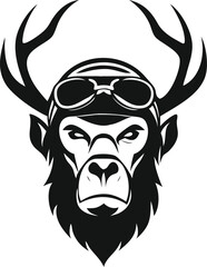 Monochrome Gorilla Head with Antlers and Pilot Goggles in Minimalist Style                                                                            
