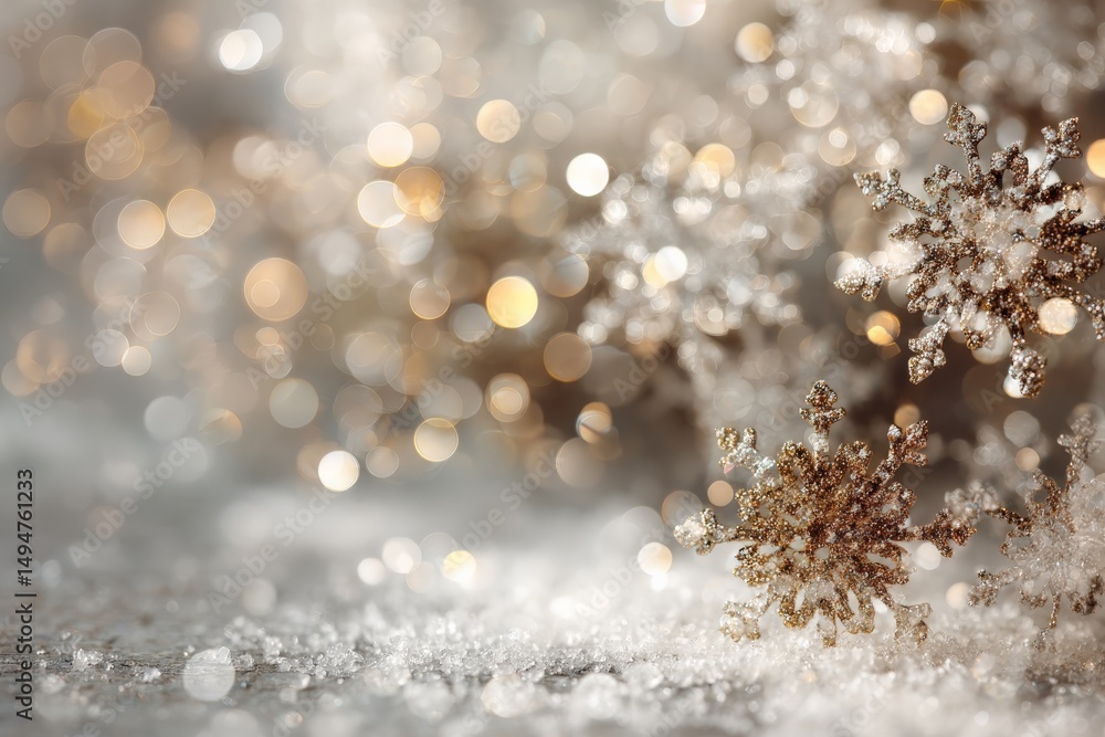 Aufkleber Sparkling snowflakes resting on a frosty surface with blurred festive lights in the background