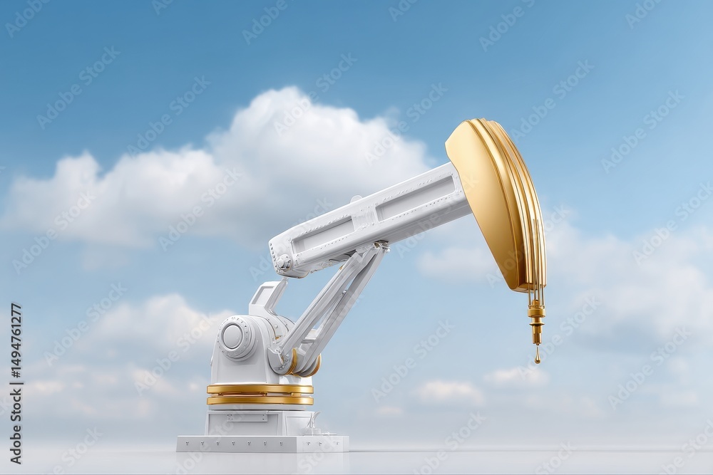 Poster a robotic arm with a gold colored tool or component interacting with industrial oil processing equip