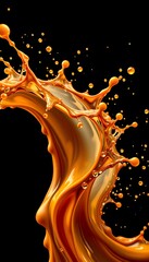 A dynamic splash of golden  orange liquid against a stark black background, showcasing fluid motion. 