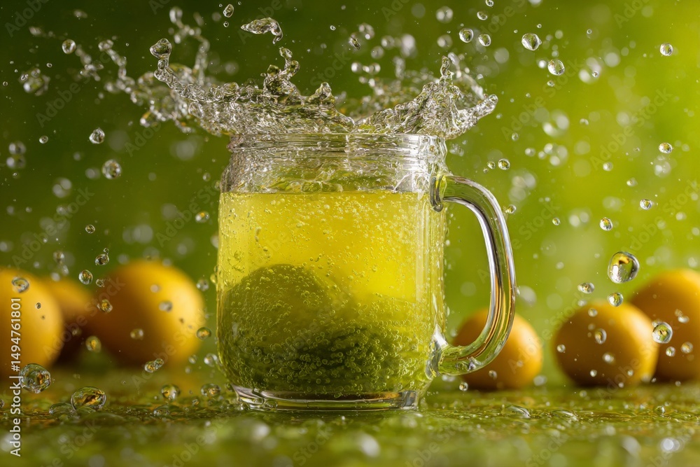 Poster refreshing cocktail with splash in glass surrounded by fresh limes in bright green setting