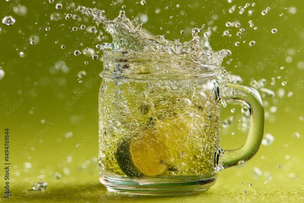Poster sparkling drink with lemon splashes captured in vibrant green background during bright daylight