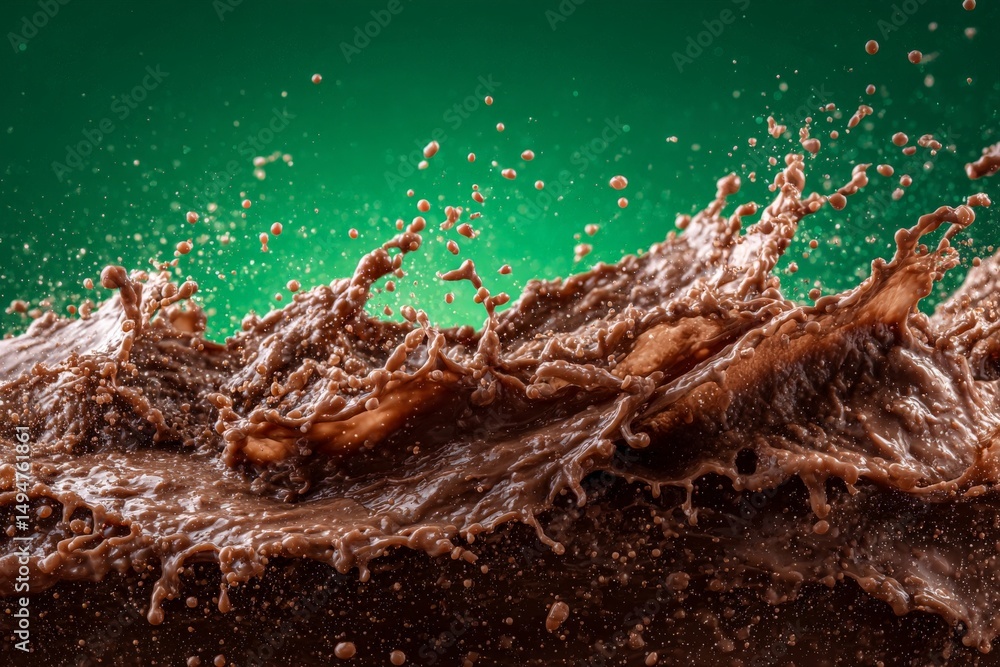 Leinwandbilder rich chocolate splashes create dynamic waves against a vibrant green background at a culinary event