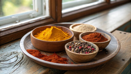 Assorted colorful spices including turmeric, peppercorns, and paprika on rustic wooden tray for culinary and cooking concepts