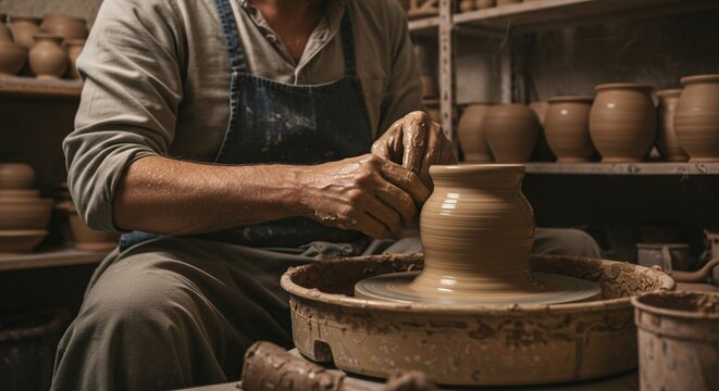 Skilled artisan shapes clayware on rotating wheel in pottery workshop studio