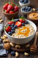 Warm Oatmeal Bowl with Fresh Berries & Honey Drizzle
