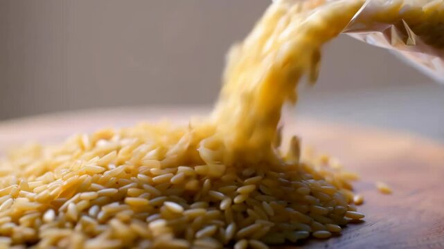 Pouring orzo pasta from plastic bag onto wooden surface for cooking preparation in kitchen setting.