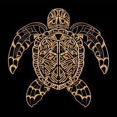 Ethnic maori turtle flat vector isolated art deco, tribal polynesian animal golden.