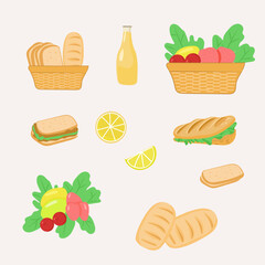 Set of picnic flat vector, bread, sandviches, fruit and berry, picnic basket isolated