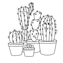 Coloring page for kids kawaii succulent, coloring book cactus line vector flat