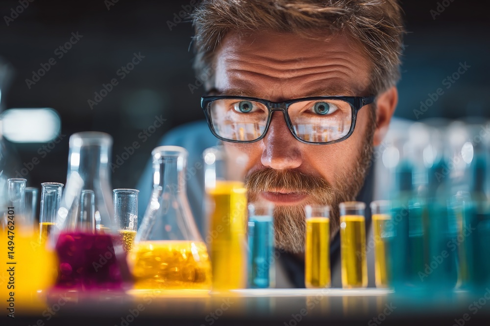 Aufkleber Scientist conducts experiments with colorful liquids in laboratory setting during evening hours