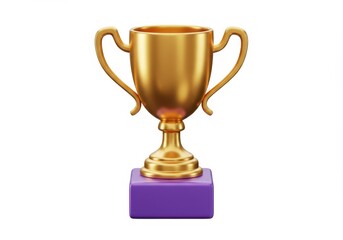 3D Illustration of Golden trophy on a purple base isolated on white background