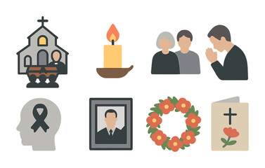Funeral and memorial flat icons set – mourning, remembrance, tribute symbols