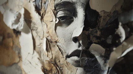 Artistic black and white portrait of a woman with intense gaze partially obscured by torn textured paper with a moody and dramatic atmosphere, high detail