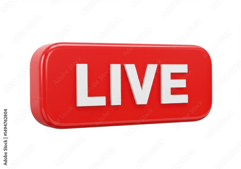 Poster 3d illustration of red live button isolated on white background for streaming content