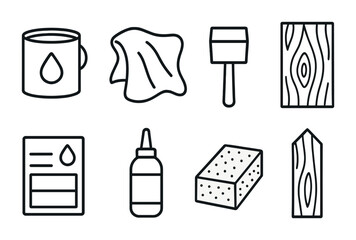 Carpentry and woodworking outline icons set – linear, tools, and materials symbols