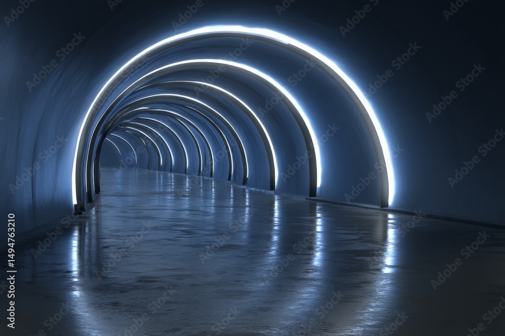 Poster illuminated tunnel with glowing arches creates a captivating atmosphere in a modern underground path