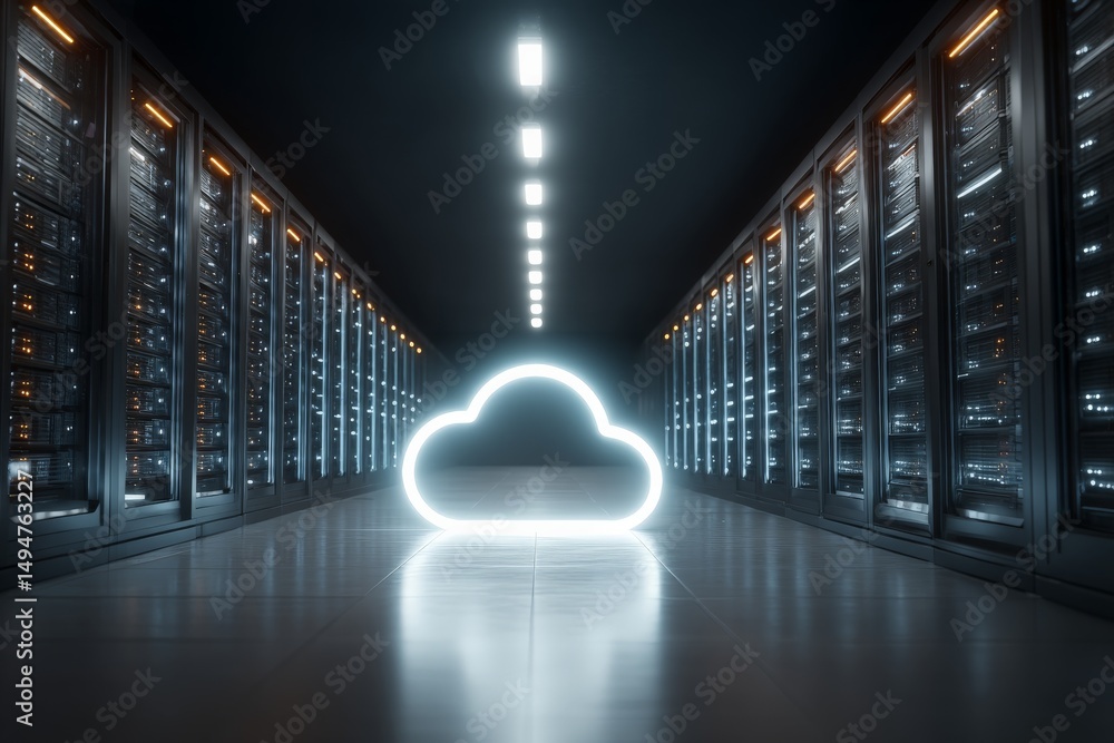Leinwandbilder Modern data center with glowing cloud symbol highlighting cloud computing technology