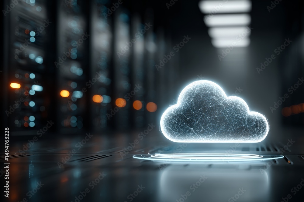 Poster digital cloud storage concept showcasing a glowing cloud symbol in a data center environment