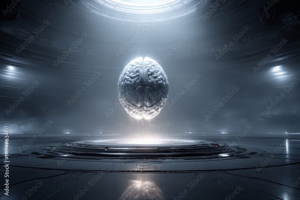 Aufkleber floating brain in futuristic environment with ambient light and metallic textures reflecting innovat