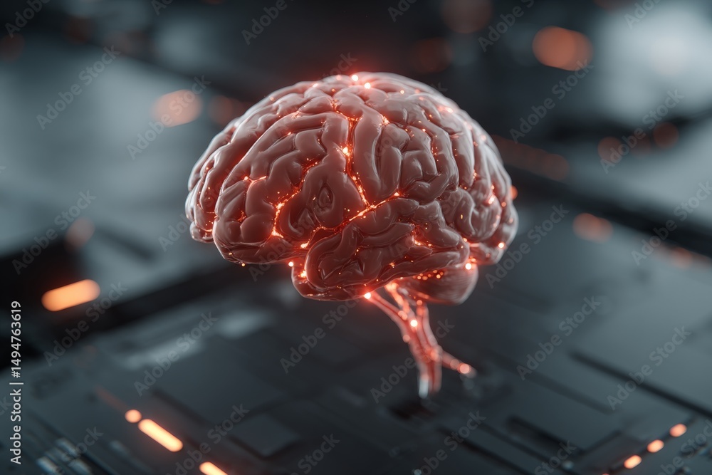 Poster floating advanced brain design with glowing circuitry set against a modern technological background
