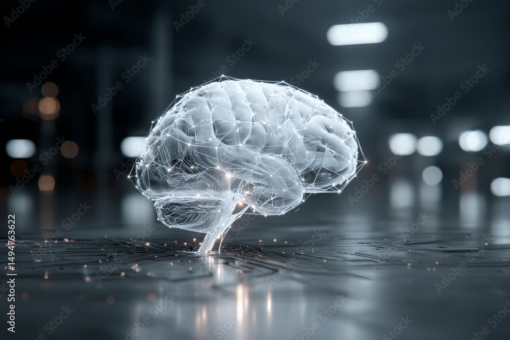 Poster digital representation of a human brain showcasing neural connections and data flow in a modern tech